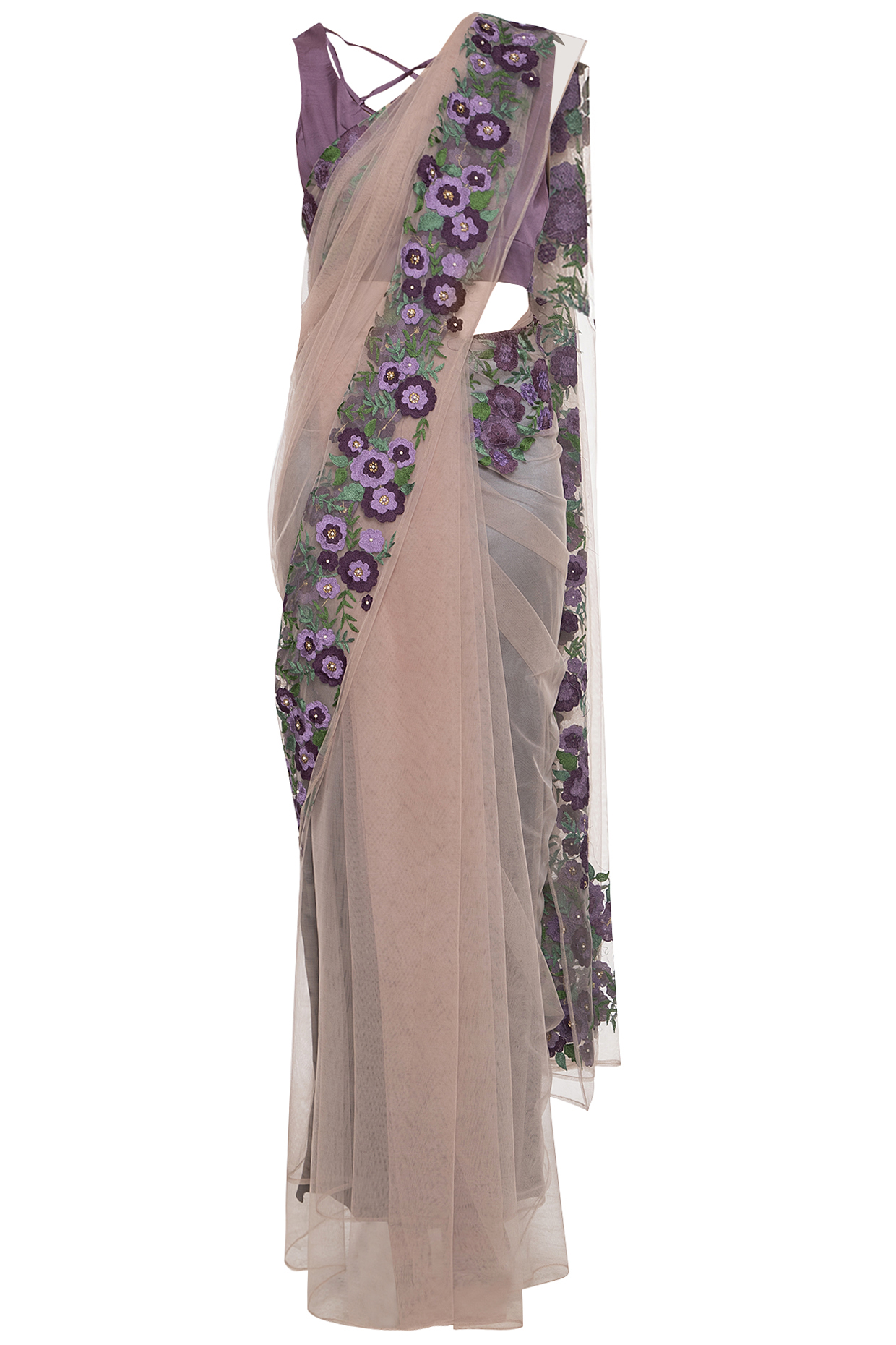 Mauve Cotton Silk & Net Patch Embroidered Wedding Saree Set by Aharin India at Pernia's Pop Up Shop