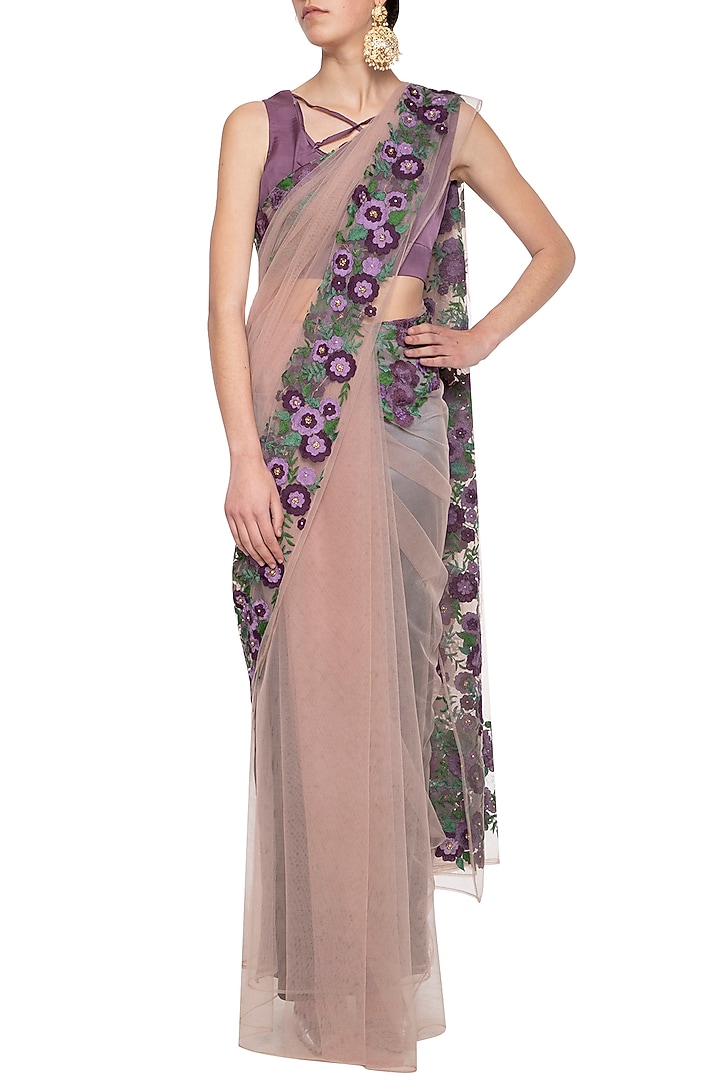 Mauve Cotton Silk & Net Patch Embroidered Wedding Saree Set by Aharin India at Pernia's Pop Up Shop