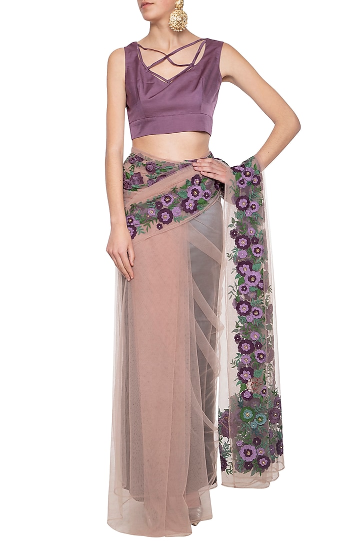 Mauve Cotton Silk & Net Patch Embroidered Wedding Saree Set by Aharin India at Pernia's Pop Up Shop