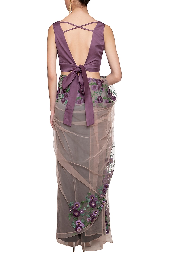 Mauve Cotton Silk & Net Patch Embroidered Wedding Saree Set by Aharin India at Pernia's Pop Up Shop