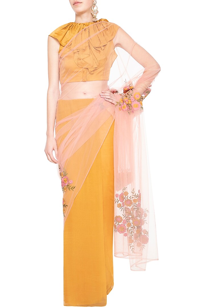 Yellow embroidered Party Wear Saree set by Aharin India at Pernia's Pop Up Shop
