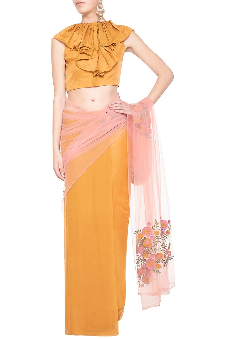 Yellow embroidered Party Wear Saree set by Aharin India at Pernia's Pop Up Shop