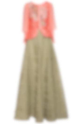 Candy pink embroidered jacket with green skirt by Aharin India at Pernia's Pop Up Shop
