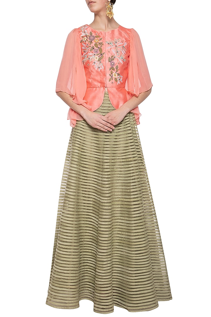 Candy pink embroidered jacket with green skirt by Aharin India at Pernia's Pop Up Shop