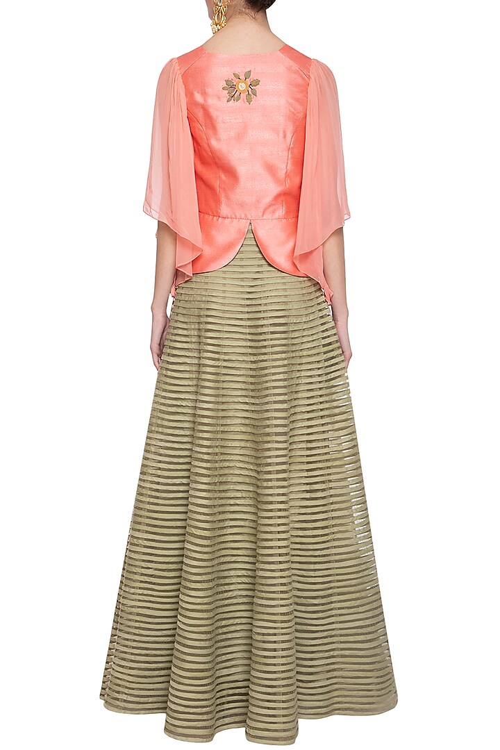 Candy pink embroidered jacket with green skirt by Aharin India at Pernia's Pop Up Shop