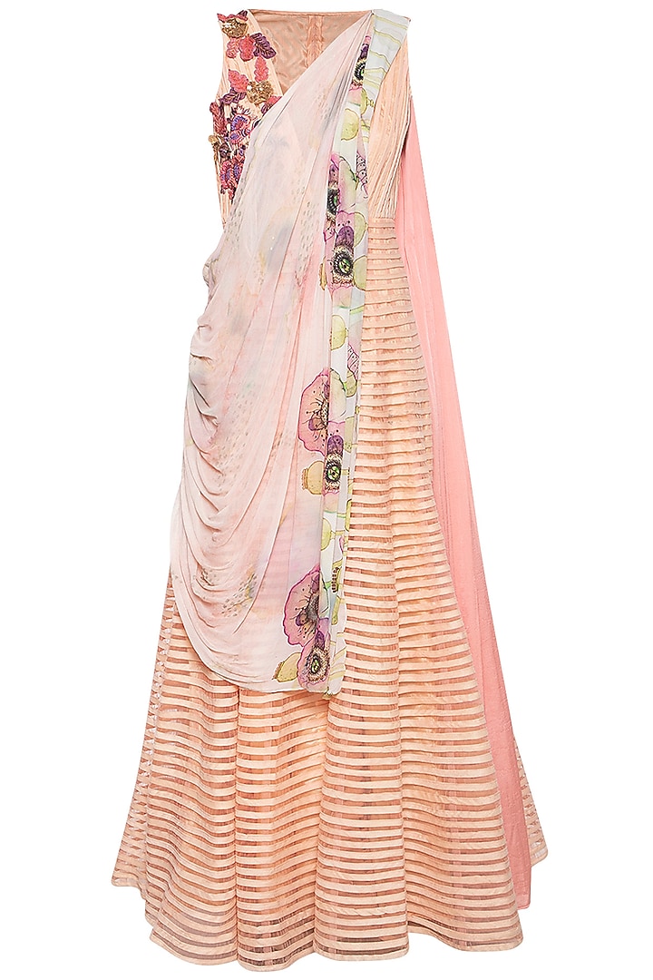 Peach embroidered striped Wedding Anarkali set by Aharin India at Pernia's Pop Up Shop