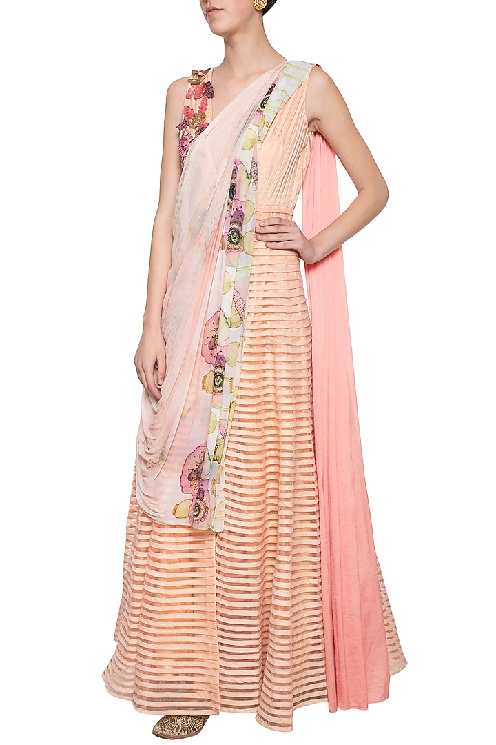 Peach embroidered striped Wedding Anarkali set by Aharin India at Pernia's Pop Up Shop