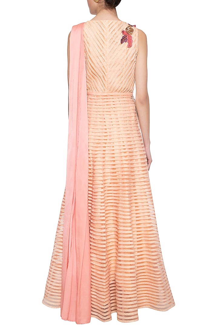 Peach embroidered striped Wedding Anarkali set by Aharin India at Pernia's Pop Up Shop