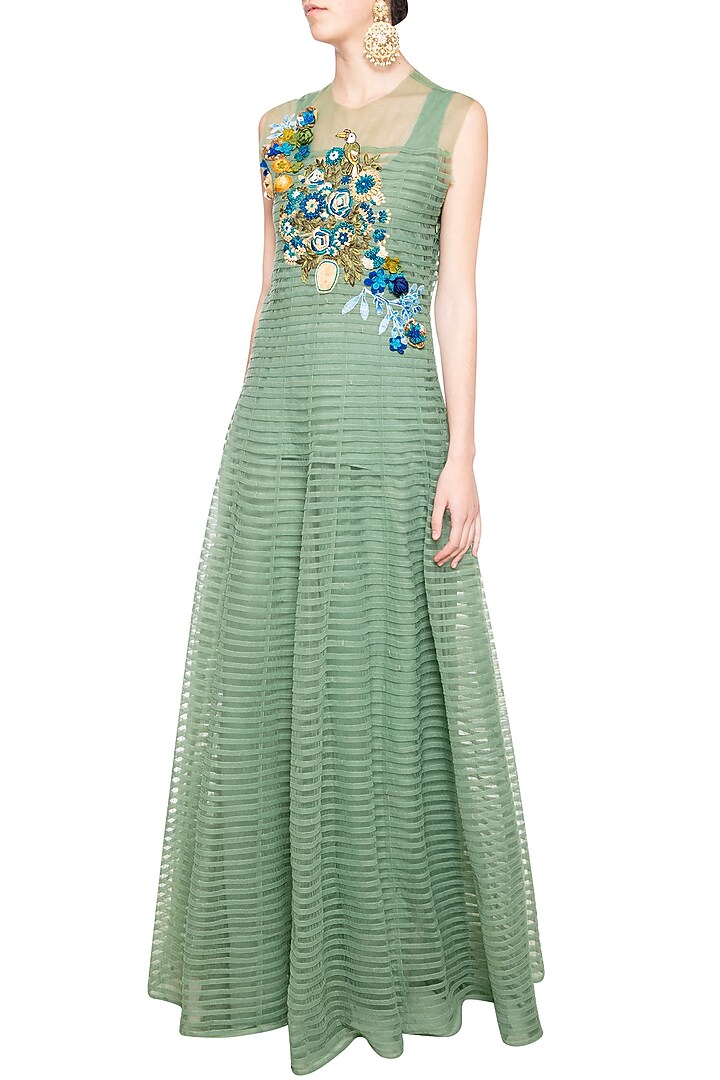 Green embroidered Party Wear Anarkali set by Aharin India at Pernia's Pop Up Shop