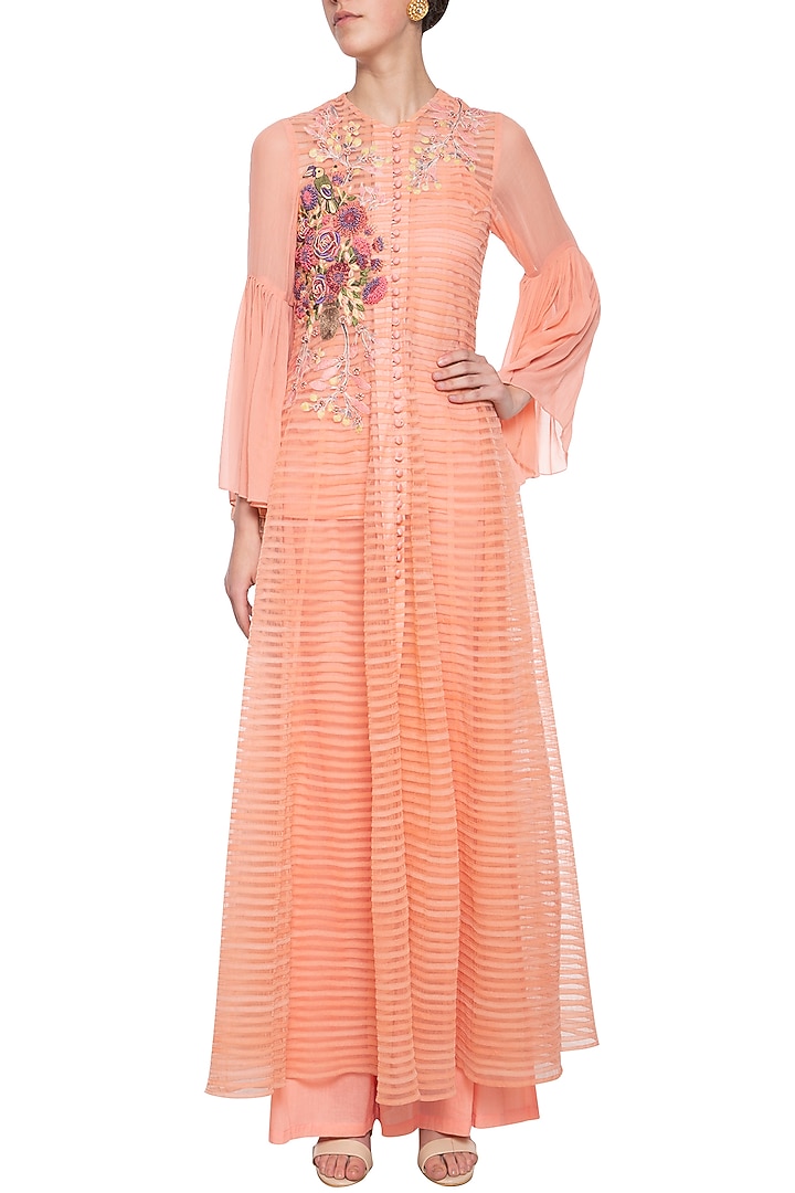 Peach patch embroidered Party Wear Anarkali set by Aharin India at Pernia's Pop Up Shop