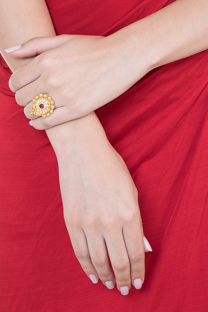 Gold Plated Stone & Kundan Floral Hexagon Ring by Ahilya Jewels