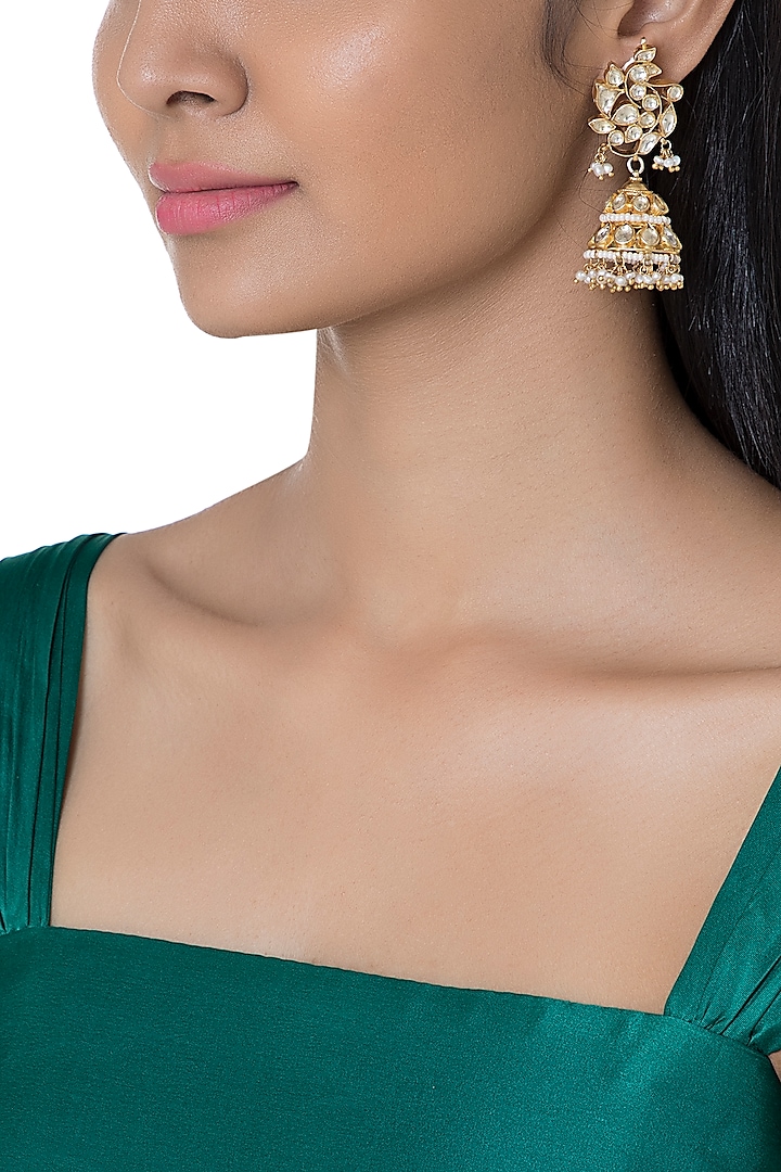 Gold Plated Pearl & Kundan Bird Motif Jhumka Earrings by Ahilya Jewels