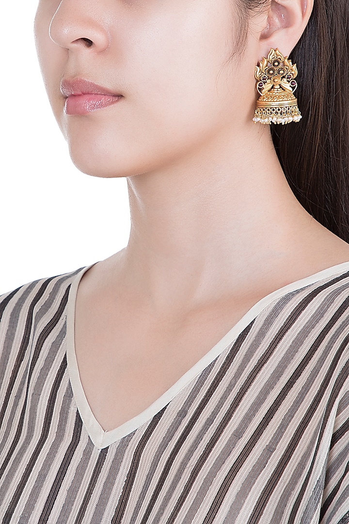 Gold Plated Pink Glass Stones & White Bead Jhumka Earrings by Ahilya Jewels