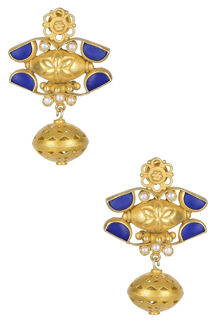 Ahilya Jewels presents Gold plated lapis lazuli and pearl cabochons earrings available only at Pernia's Pop Up Shop.