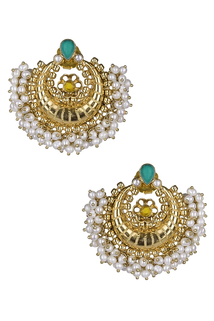 Ahilya presents Gold plated pearls fringed traditional chandbali earrings available only at Pernia's Pop Up Shop.
