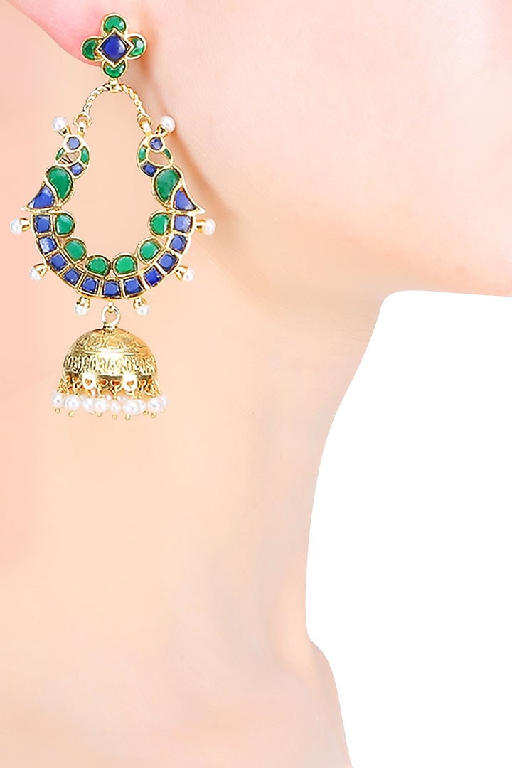 Gold Plated Green And Blue Translucent Stones Peacock Earrings by Ahilya Jewels