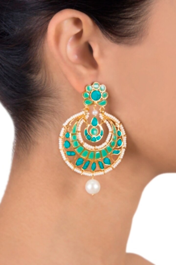 Gold Plated Jade Stone Chandbali Earrings In Sterling Silver by Ahilya Jewels