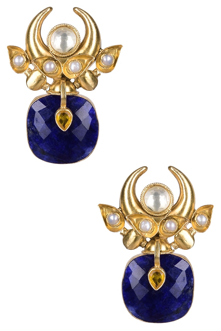 Ahilya presents Gold plated lapis lazuli and pearl cabochons crescent earrings available only at Pernia's Pop Up Shop.