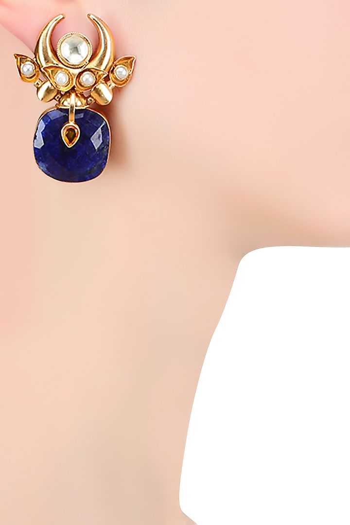 Gold Plated Lapis Lazuli And Pearl Cabochons Crescent Earrings by Ahilya Jewels