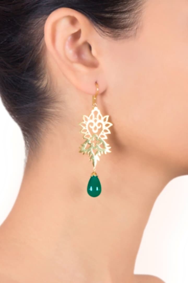 Gold Plated Green Onyx Stone Dangler Earrings In Sterling Silver by Ahilya Jewels