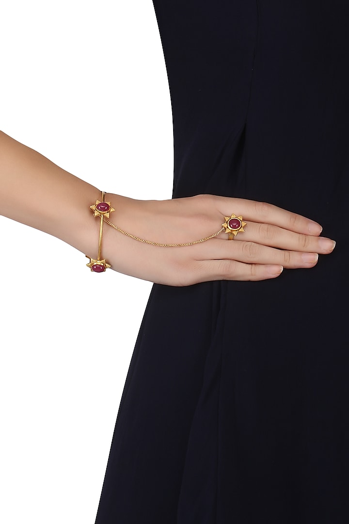 Gold Plated Textured Flower and Ruby Stones Haath Phool by Ahilya Jewels