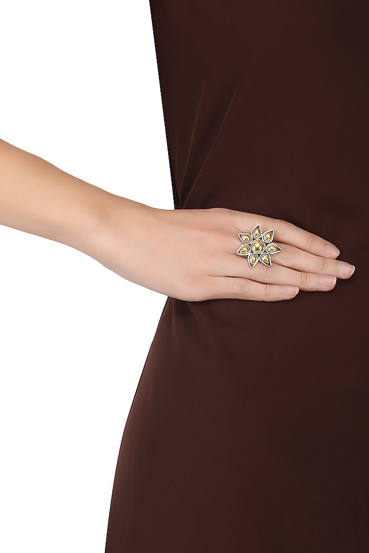 Silver Finish Floral Gold Stones Ring by Ahilya Jewels