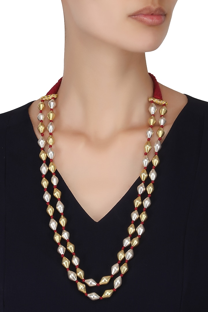 Gold Plated Dholki Beads Double Strand Necklace by Ahilya Jewels