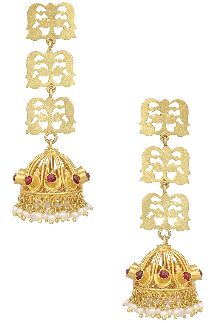 Gold plated floral filigree jhumki earrings set available only at Pernia's Pop Up Shop.