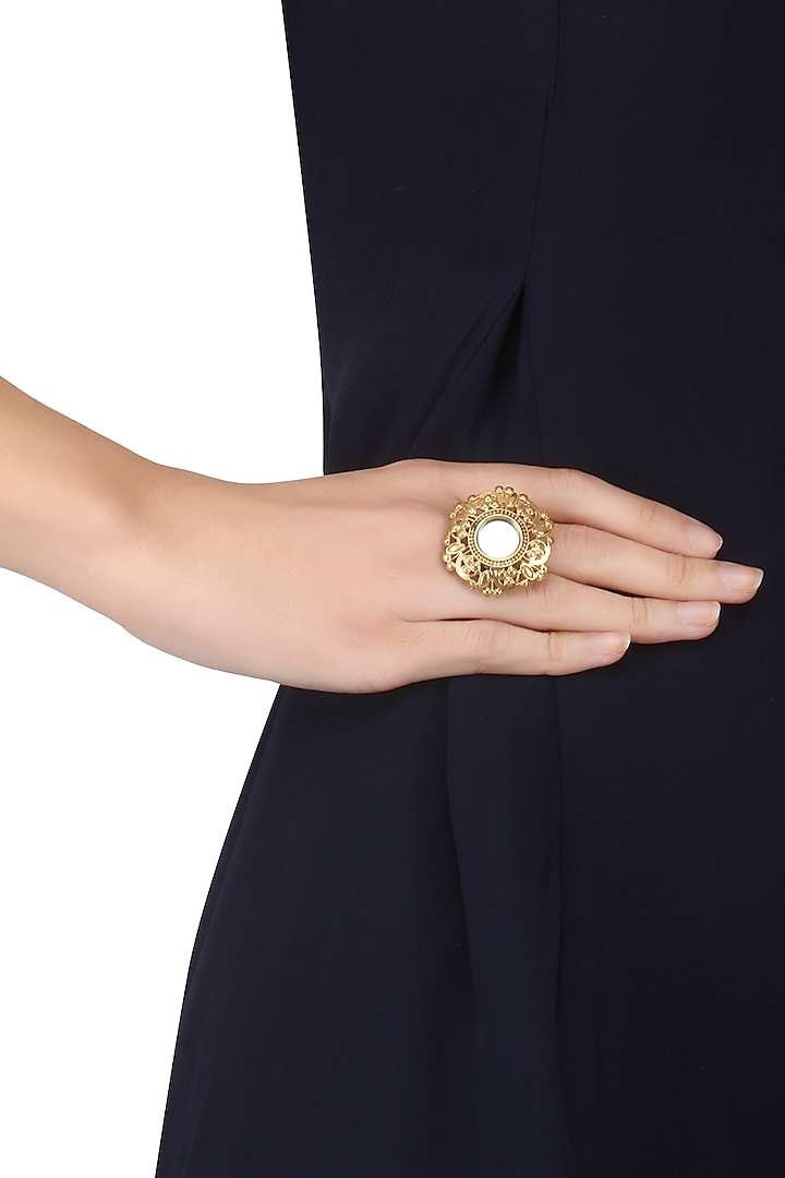 Gold Plated Mirror and Floral Cutwork Ring by Ahilya Jewels
