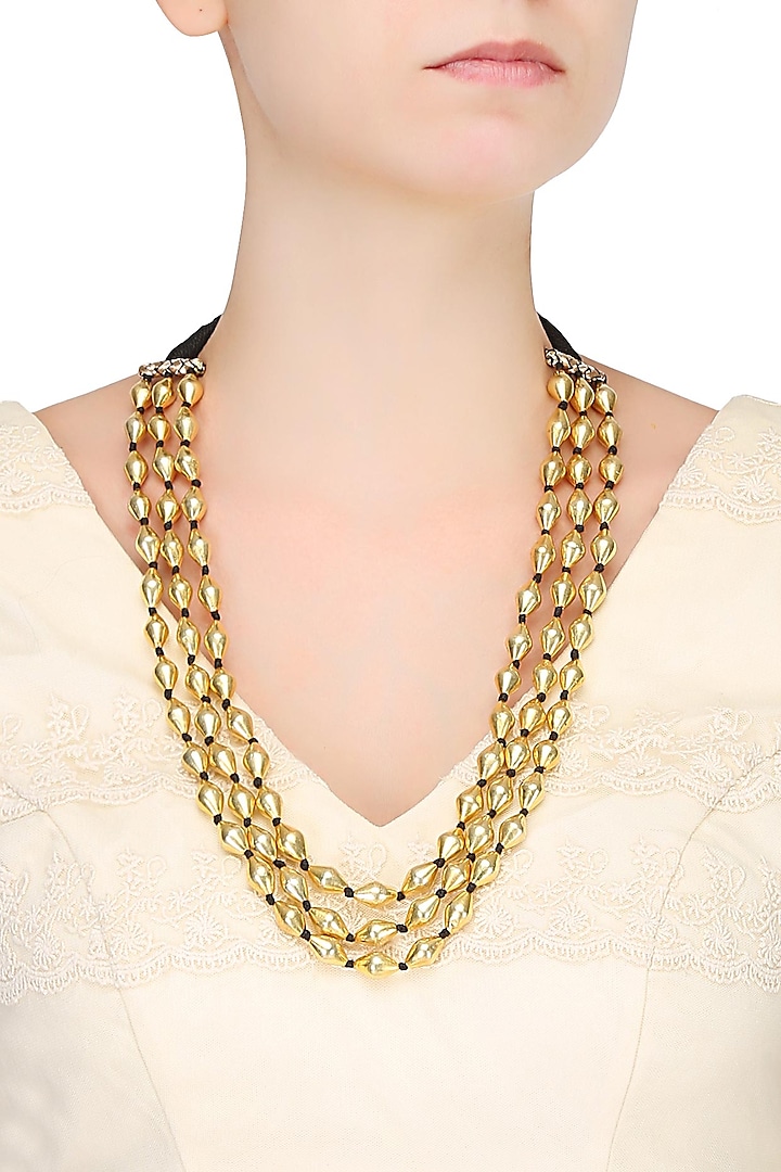 Gold Plated Dholki Shaped Beads Triple Strand Necklace by Ahilya Jewels