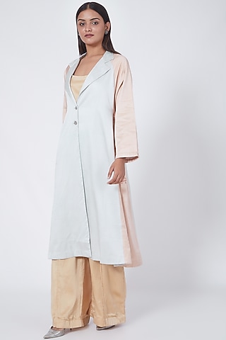 Sky Blue & Peach Box Pleated Jacket by Ahmev