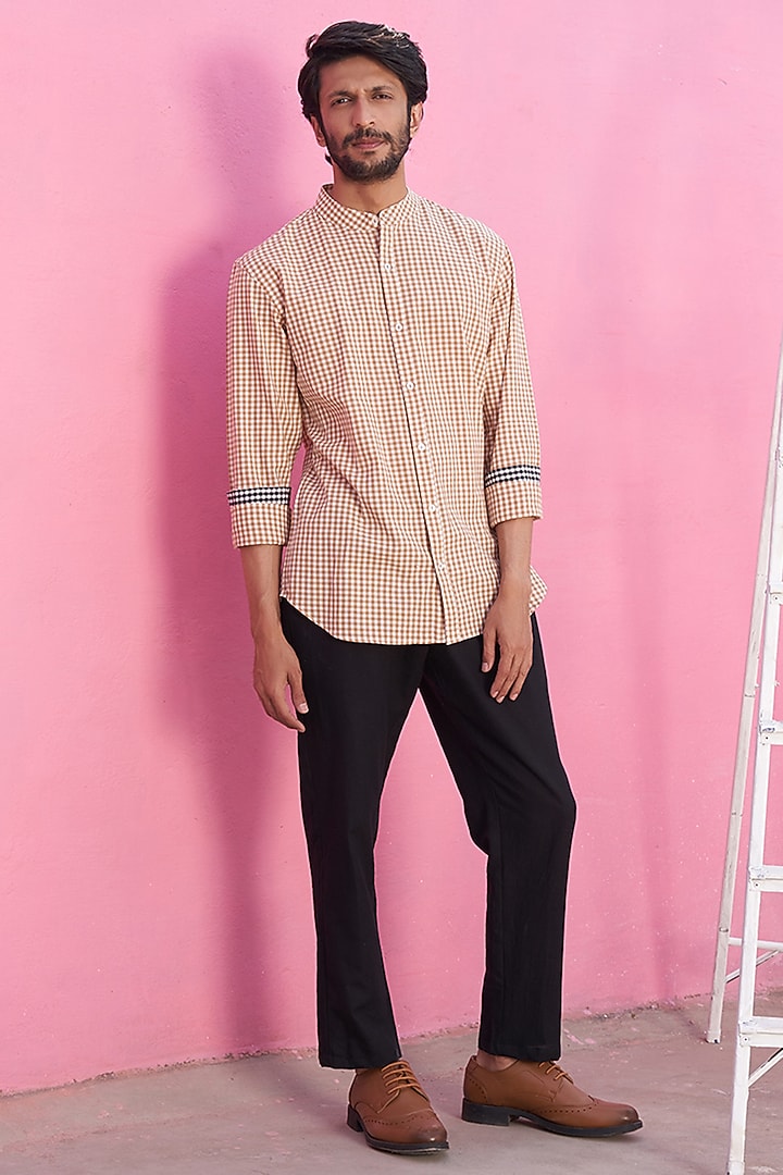 Beige Cotton Checkered Printed Summer Shirt by ABHISHTI at Pernia's Pop Up Shop