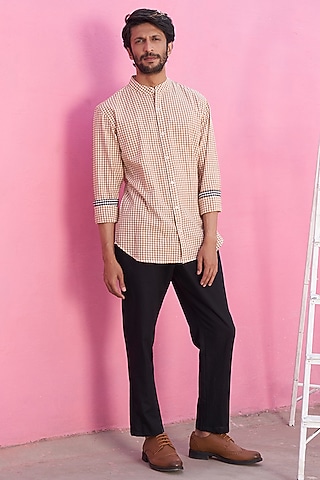 Beige Cotton Checkered Printed Shirt by ABHISHTI