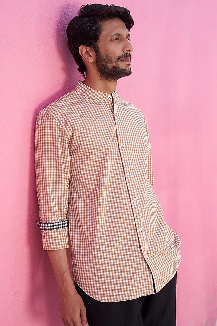 Beige Cotton Checkered Printed Summer Shirt by ABHISHTI at Pernia's Pop Up Shop