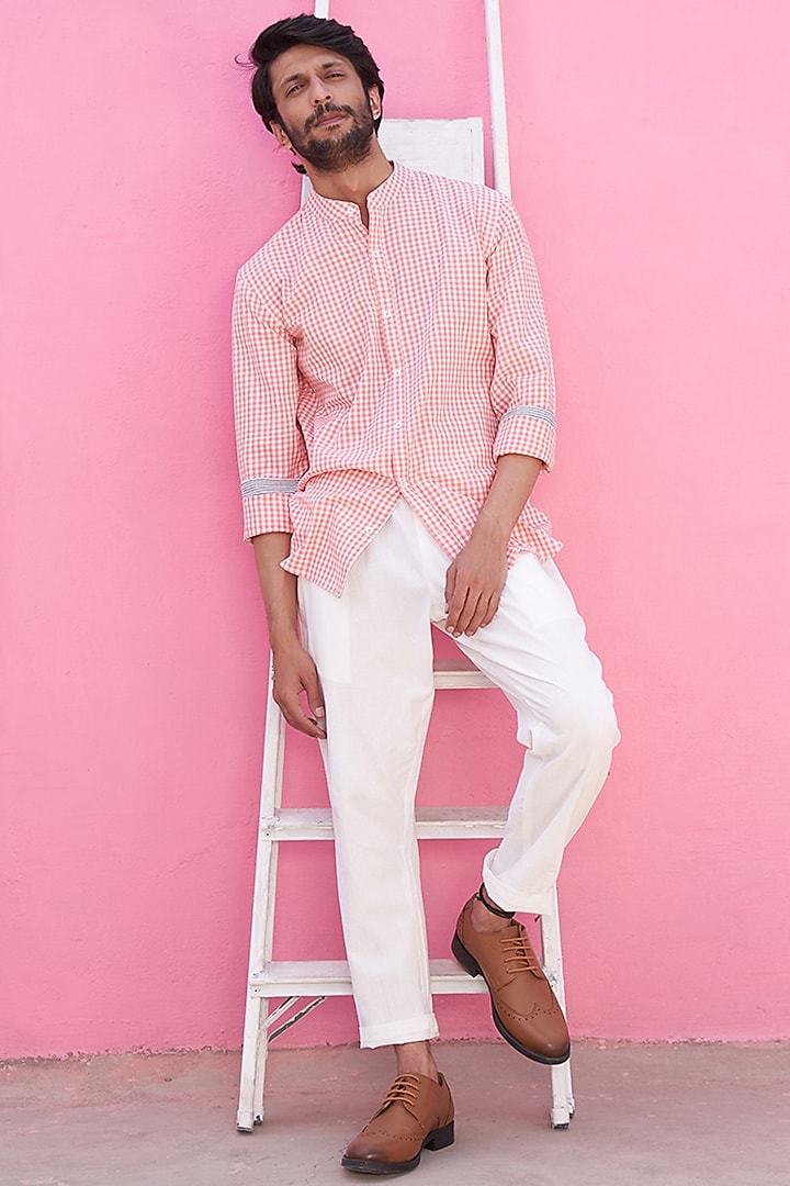 Pink Cotton Checkered Printed Shirt by ABHISHTI
