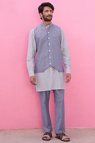Blue Cotton Stripe Bundi Set by ABHISHTI