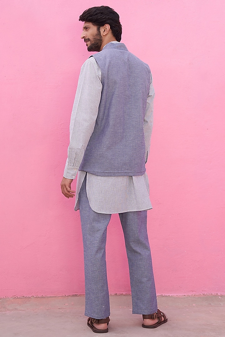Blue Cotton Stripe Bundi Set by ABHISHTI at Pernia's Pop Up Shop