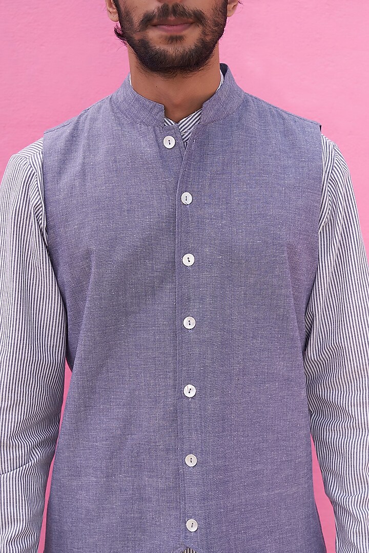 Blue Cotton Stripe Bundi Set by ABHISHTI at Pernia's Pop Up Shop
