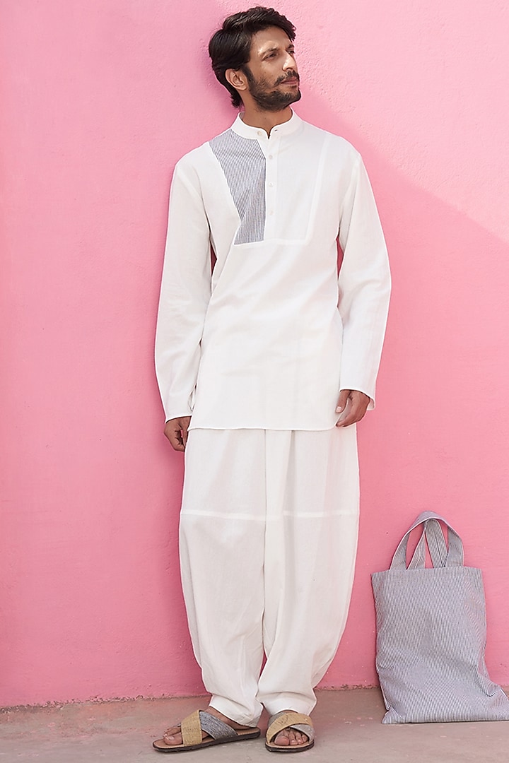 White Cotton Striped Shirt Kurta Set by ABHISHTI
