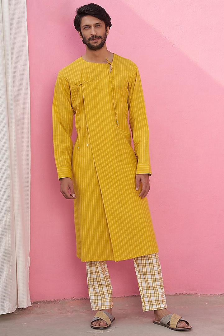Yellow Cotton Striped Angrakha Kurta Set by ABHISHTI