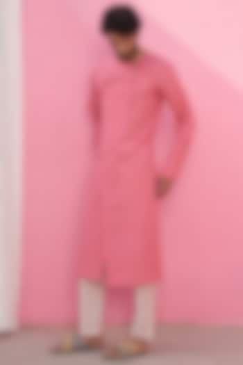 Pink Cotton Striped Angrakha Kurta Set by ABHISHTI