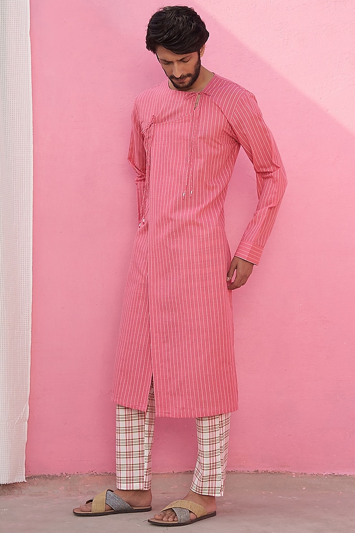 Pink Cotton Striped Angrakha Kurta Set by ABHISHTI