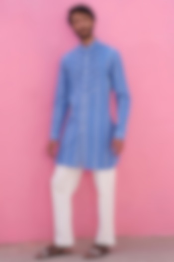 Blue Cotton Striped Kurta Set by ABHISHTI
