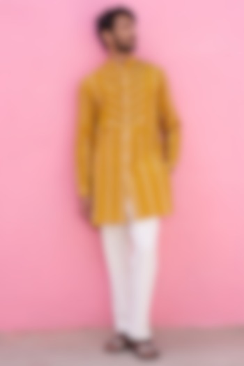 Yellow Cotton Striped Kurta Set by ABHISHTI