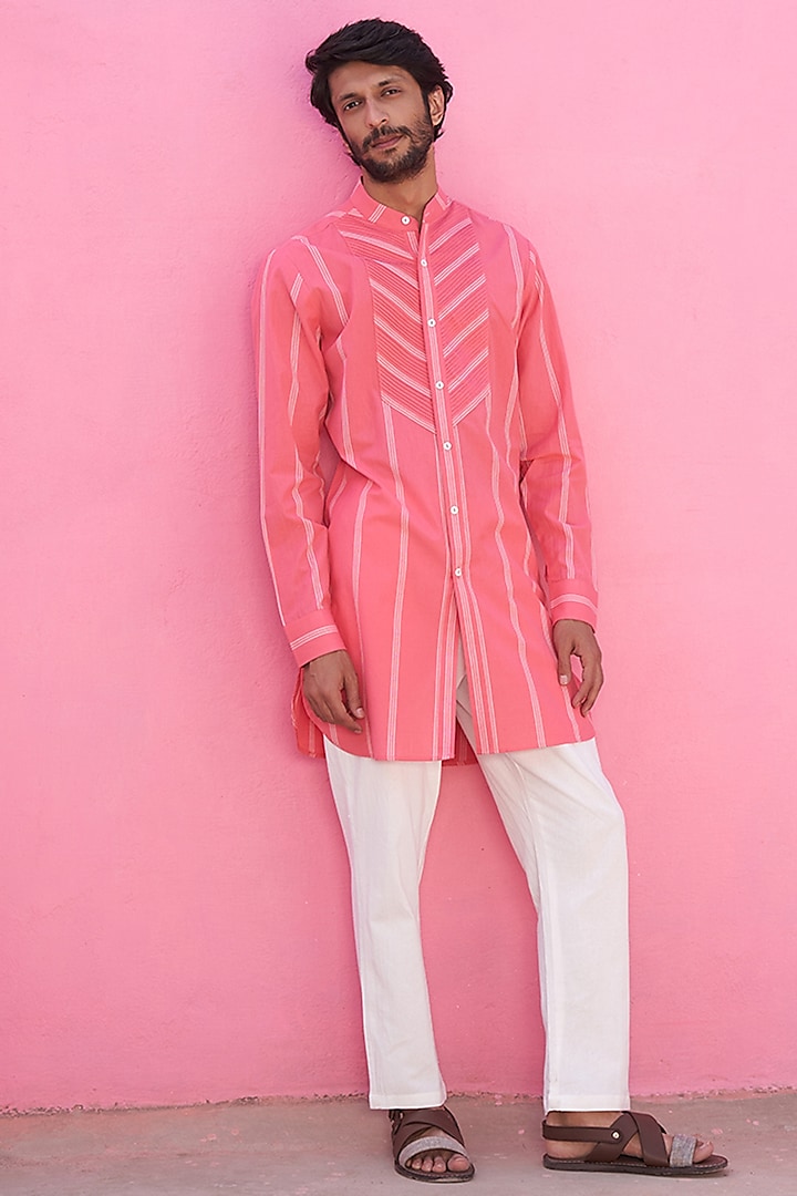 Pink Cotton Striped Kurta Set by ABHISHTI