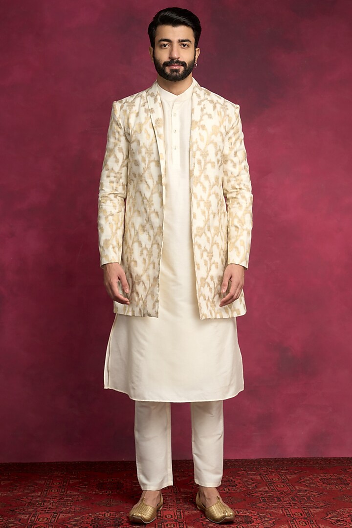 Ivory Cotton Viscose Embroidered Indowestern Set by ABHISHTI