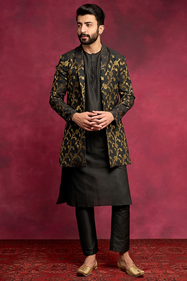 Black Cotton Viscose Embroidered Indowestern Set by ABHISHTI at Pernia's Pop Up Shop