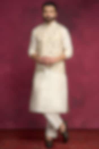 Ivory Cotton Viscose Embroidered Bundi Jacket Set by ABHISHTI