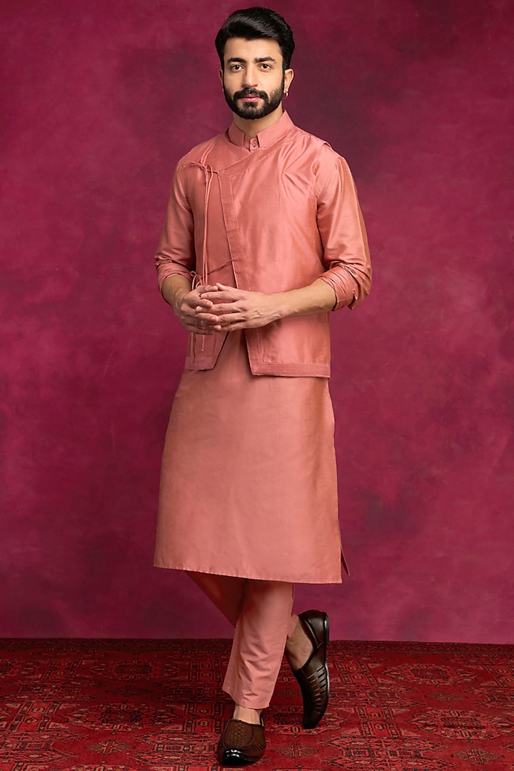 Rose Brown Cotton Viscose Bundi Jacket Set by ABHISHTI