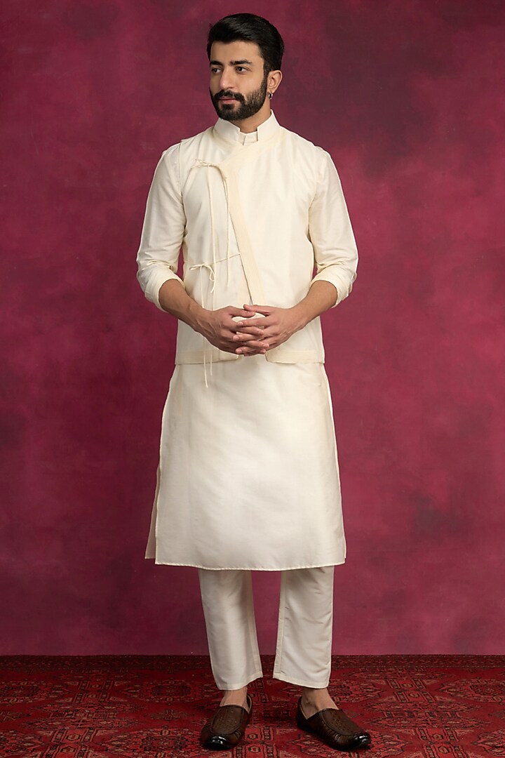 Ivory Cotton Viscose Bundi Jacket Set by ABHISHTI